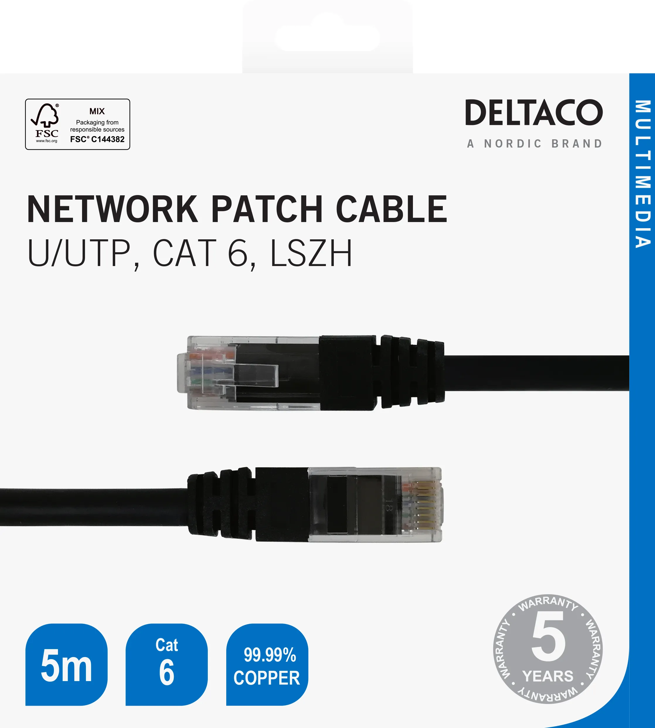 Deltaco Cat6 U/UTP RJ45 5m -verkkokaapeli, musta