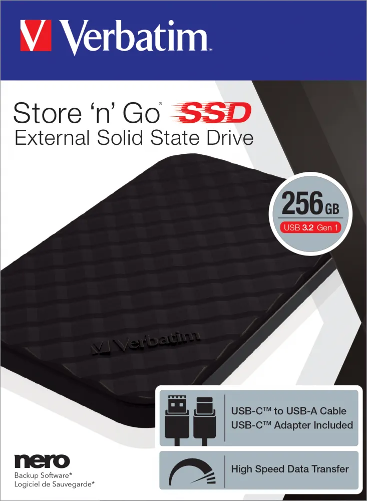 Verbatim Store 'n' Go 256 GB extern SSD med USB 3.2 Gen 1 (USB-C), portabel, svart
