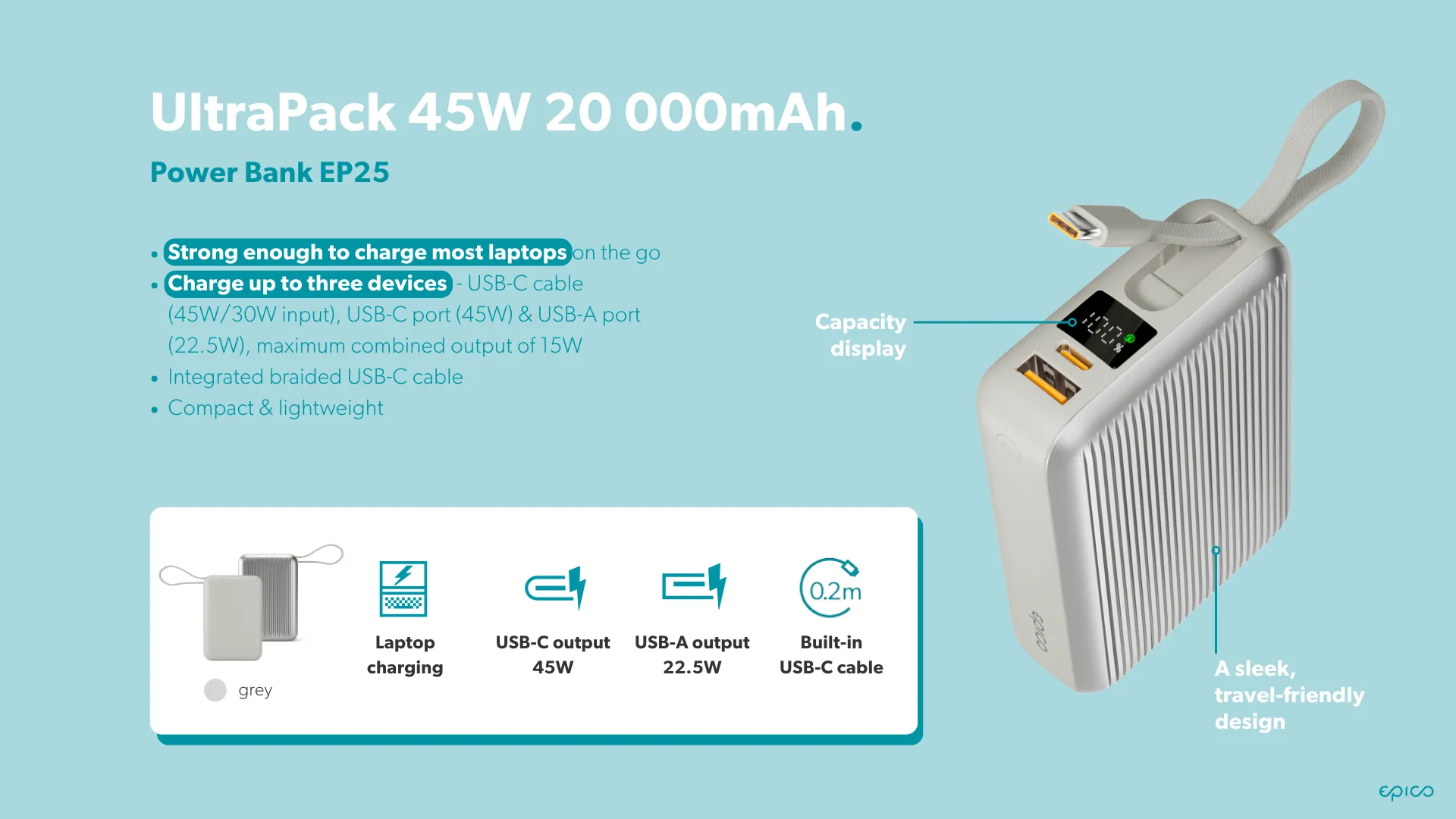 Epico UltraPack 45W 20000mAh Power Bank EP25 | Grey | Laptop-ready Power