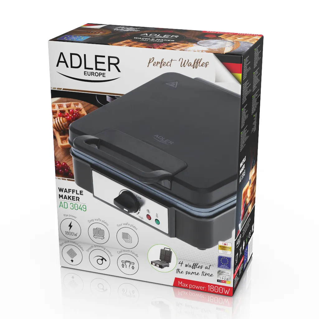 Adler AD 3049 Waffle Maker, 1800 Watt, 4 Slices, Black