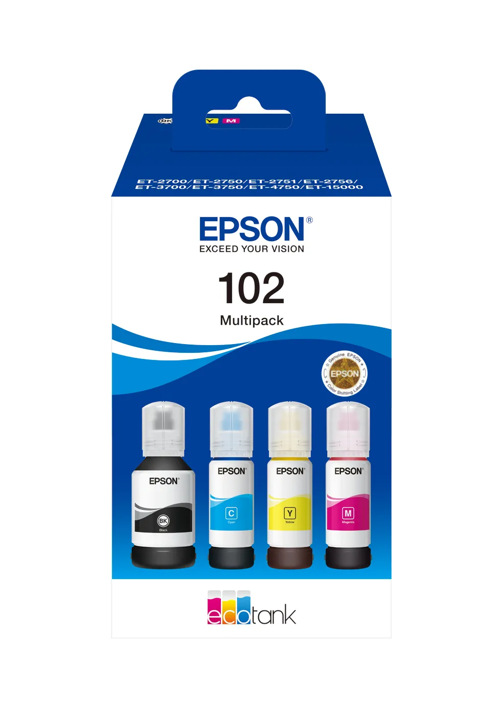 Epson 102 EcoTank ink bottle kit, Black, Cyan, Magenta, Yellow, 4 pcs