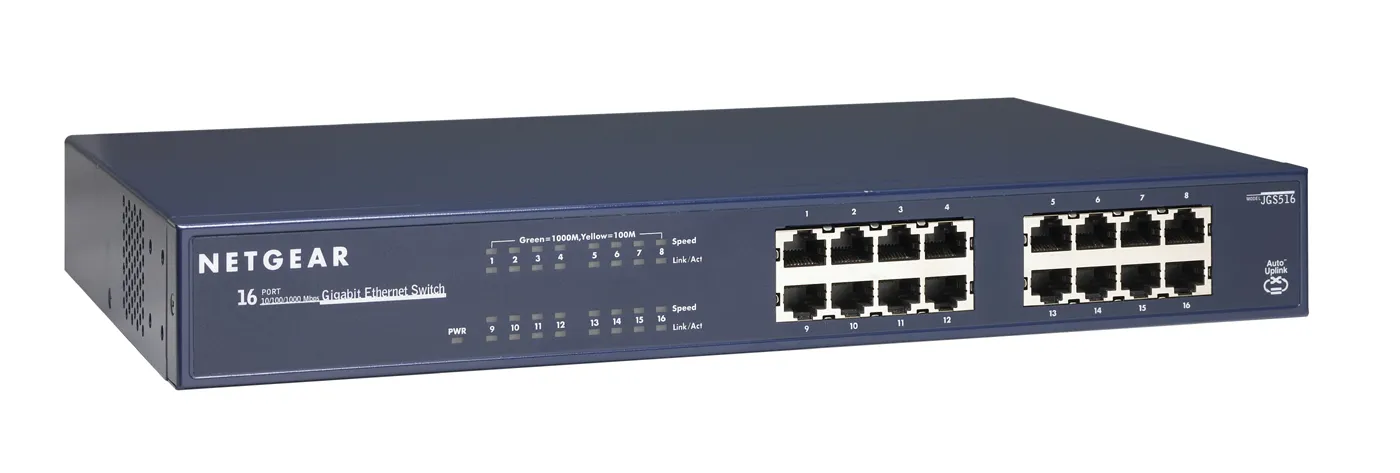Netgear JGS516  ProSafe Unmanaged 16-port Gigabit Ethernet Switch. 16 10/100/1000T RJ-45 ports. 100-240V, 50-60 Hz internal Power Supply. 19&quot; Rack-mountable.