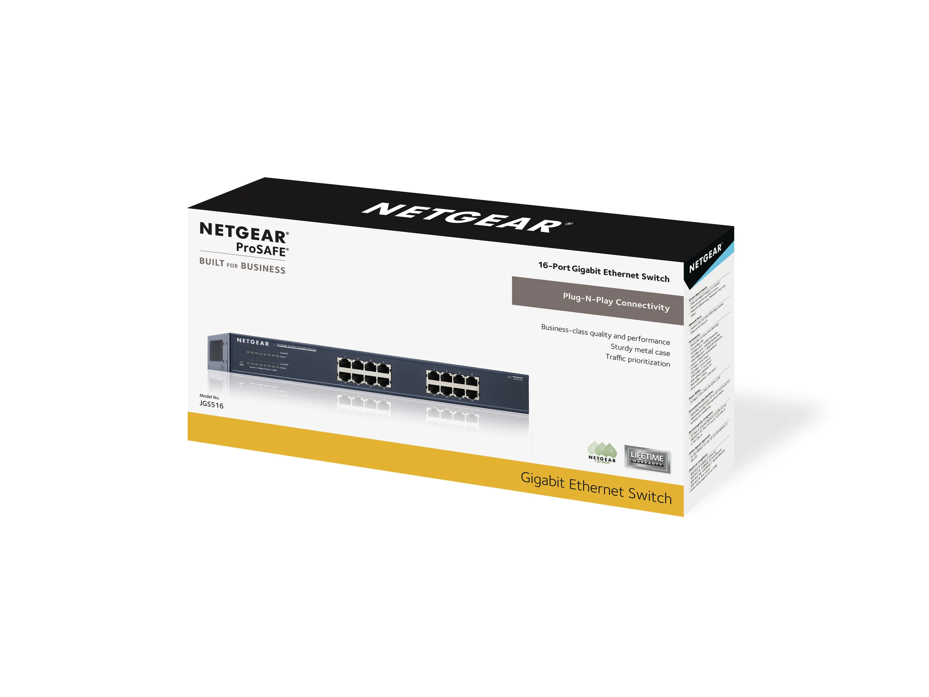 Netgear JGS516  ProSafe Unmanaged 16-port Gigabit Ethernet Switch. 16 10/100/1000T RJ-45 ports. 100-240V, 50-60 Hz internal Power Supply. 19&quot; Rack-mountable.