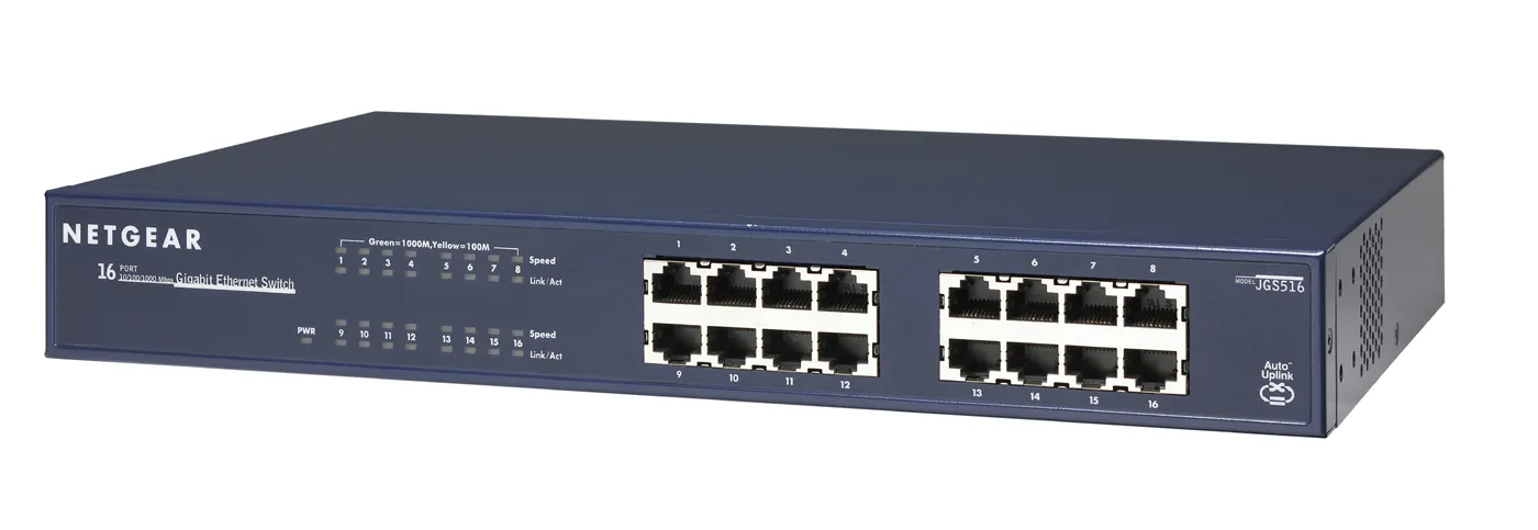 Netgear JGS516  ProSafe Unmanaged 16-port Gigabit Ethernet Switch. 16 10/100/1000T RJ-45 ports. 100-240V, 50-60 Hz internal Power Supply. 19&quot; Rack-mountable.