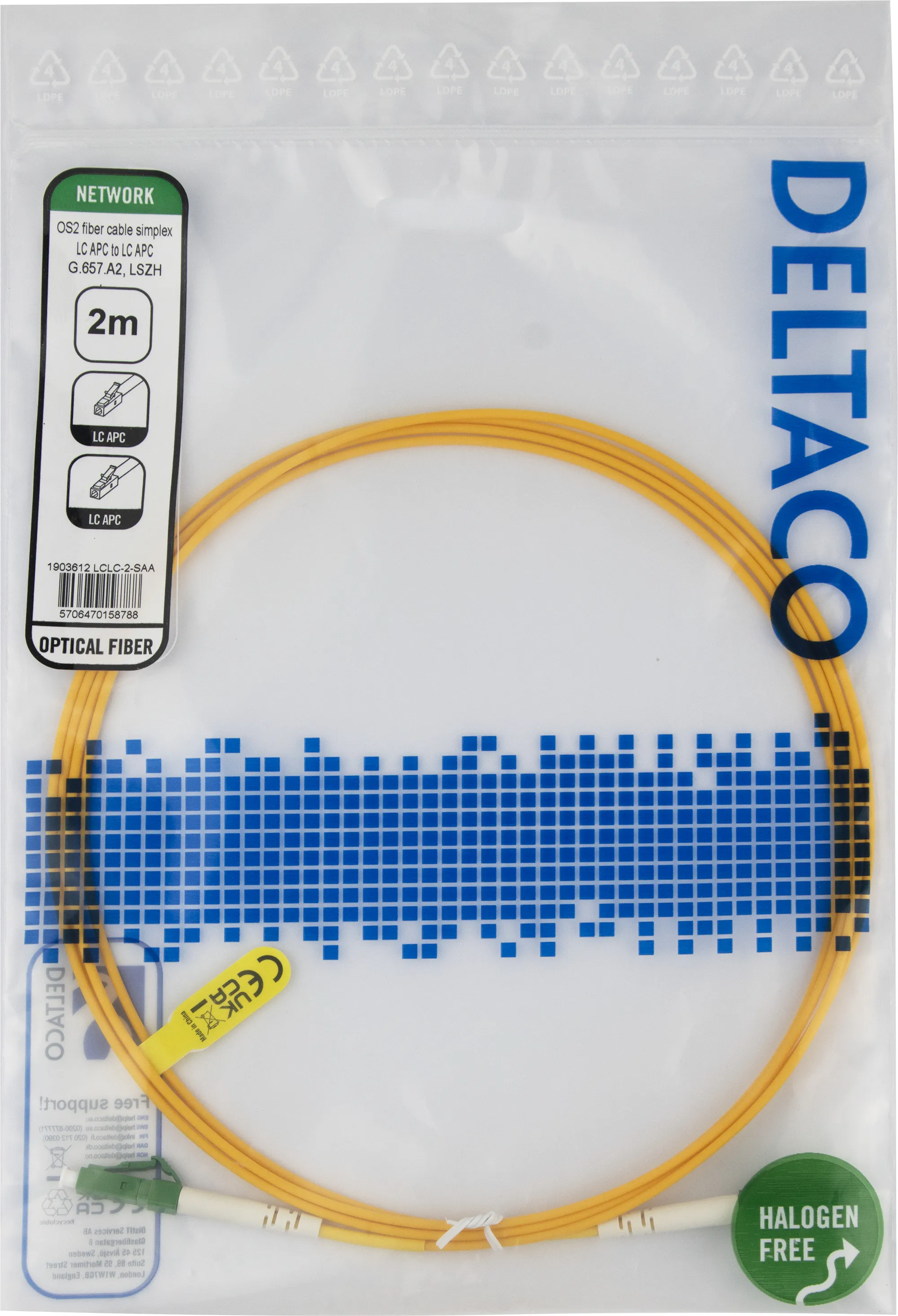 Deltaco OS2 LSZH LC-LC 2m fiberkabel, gul