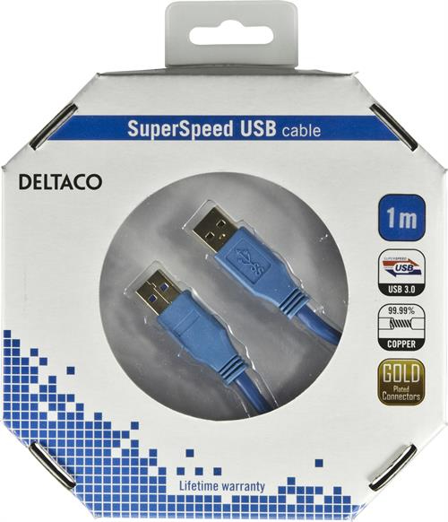 DELTACO USB 3.0 kaapeli Tyyppi A uros - Tyyppi A uros, 1m, sininen