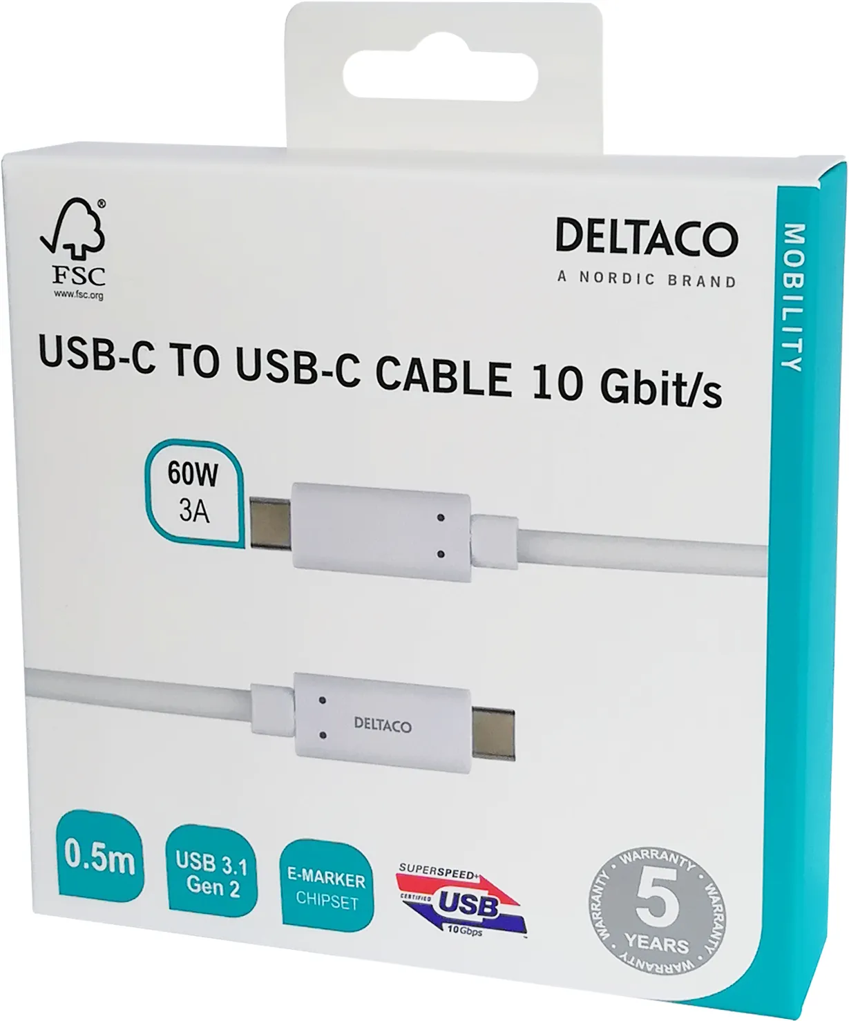 Deltaco USBC-1126M USB-C cable, 60W, 0.5 m, White