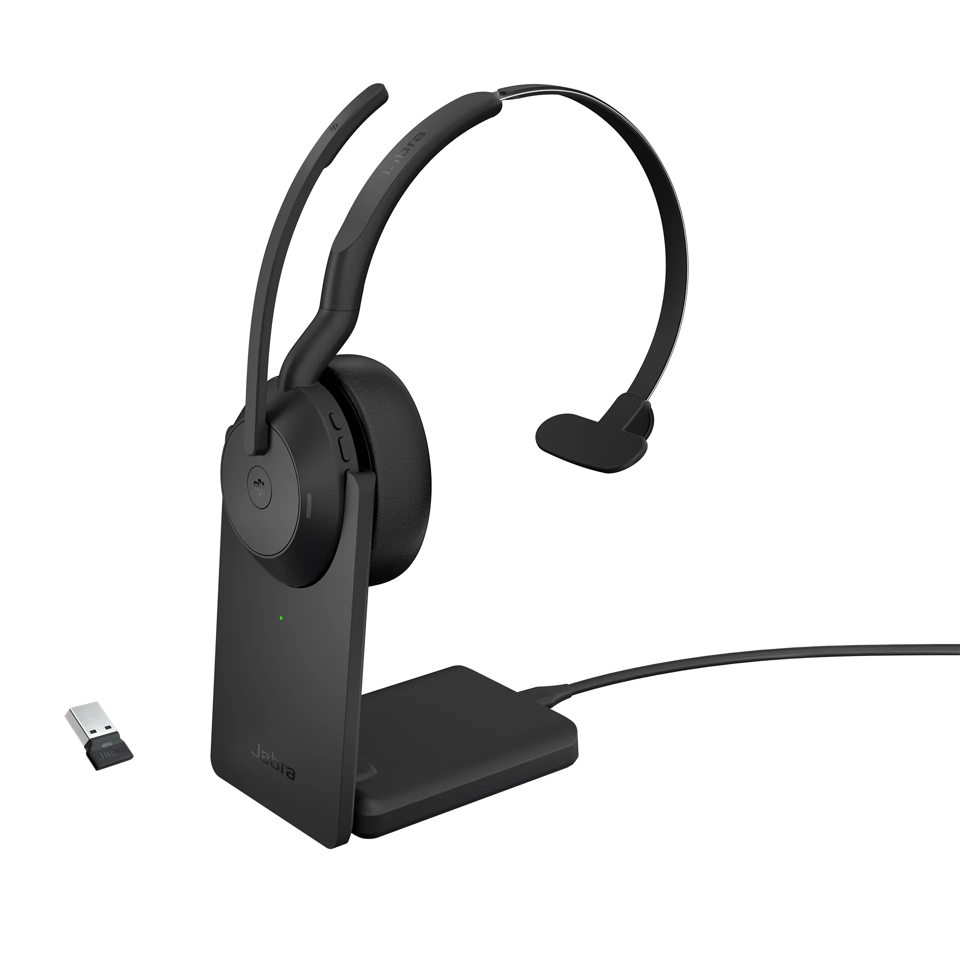 Jabra Evolve2 55 MS tr&aring;dl&ouml;s monoheadset + skrivbordsst&auml;ll och USB-A-adapter, svart