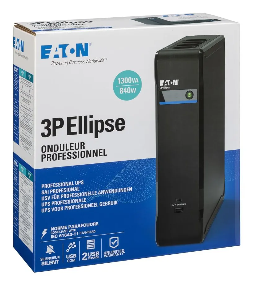 Eaton 3P Ellipse 1300 USB DIN 1300VA/840W - surge protection