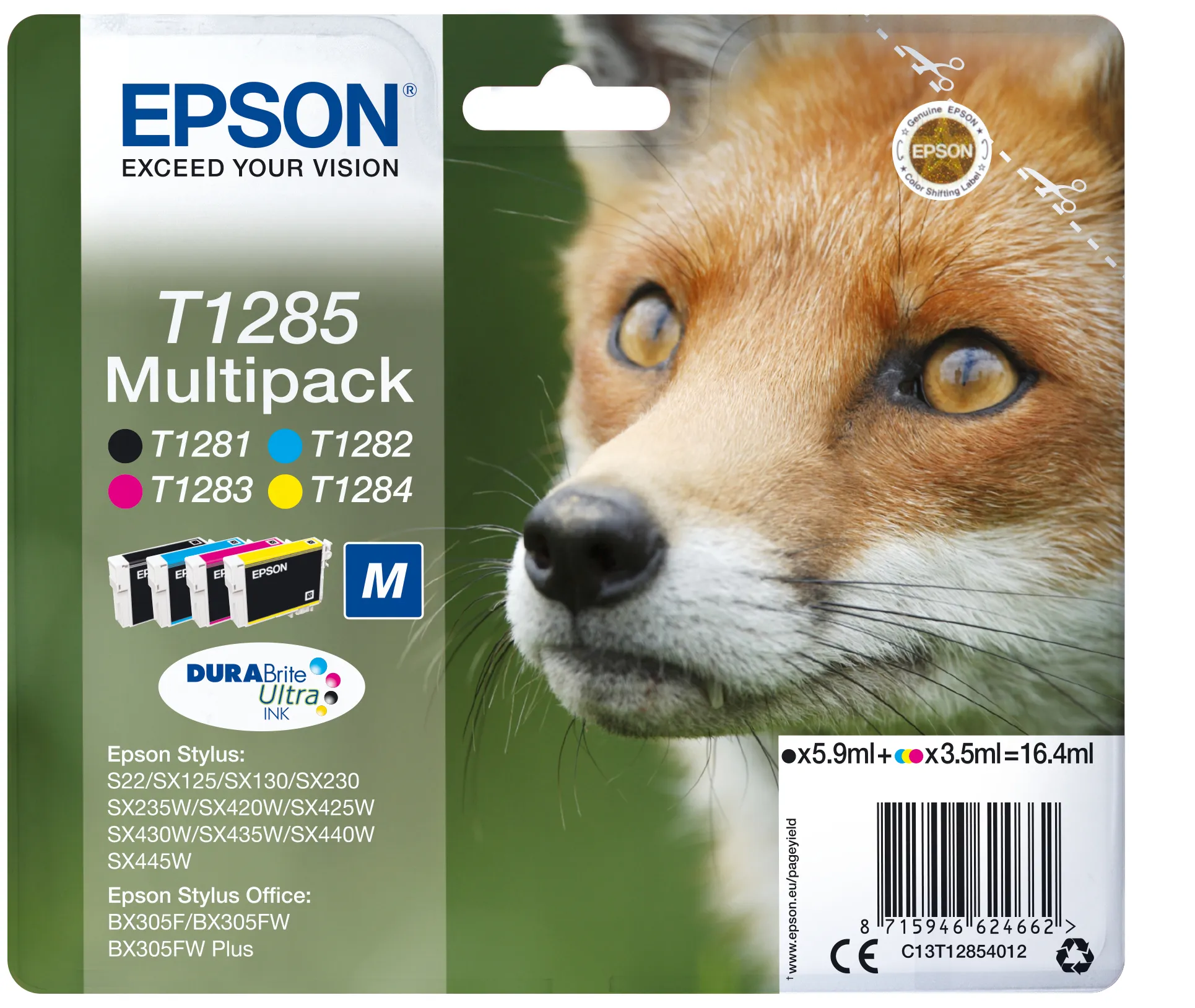 Epson T1285 Multipack - 4 pakettia - musta, keltainen, sinivihre&auml;, magenta - alkuper&auml;inen - blister RF:ll&auml;/&auml;&auml;nih&auml;lyttimell&auml; - mustepatruuna malleihin Stylus S22