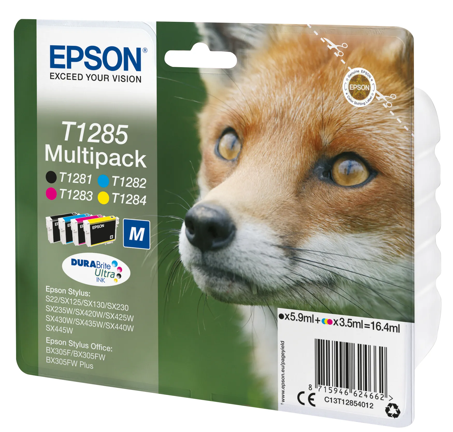 Epson T1285 Multipack - 4 pakettia - musta, keltainen, sinivihre&auml;, magenta - alkuper&auml;inen - blister RF:ll&auml;/&auml;&auml;nih&auml;lyttimell&auml; - mustepatruuna malleihin Stylus S22