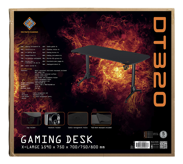 Deltaco Gaming DT320, 160x75cm, height adjustable - gaming desk, black