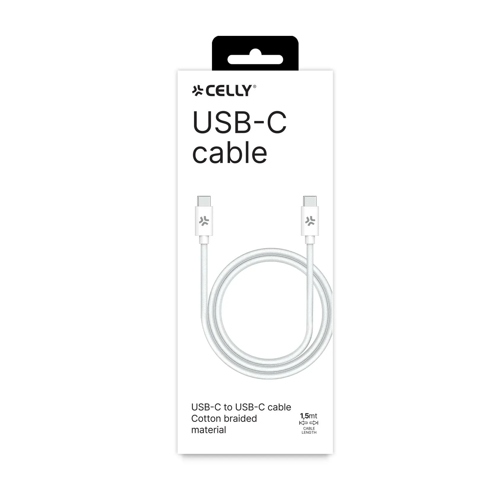 Celly Cotton Braided USB-C -kaapeli, 60 W, 1,5 m, valkoinen
