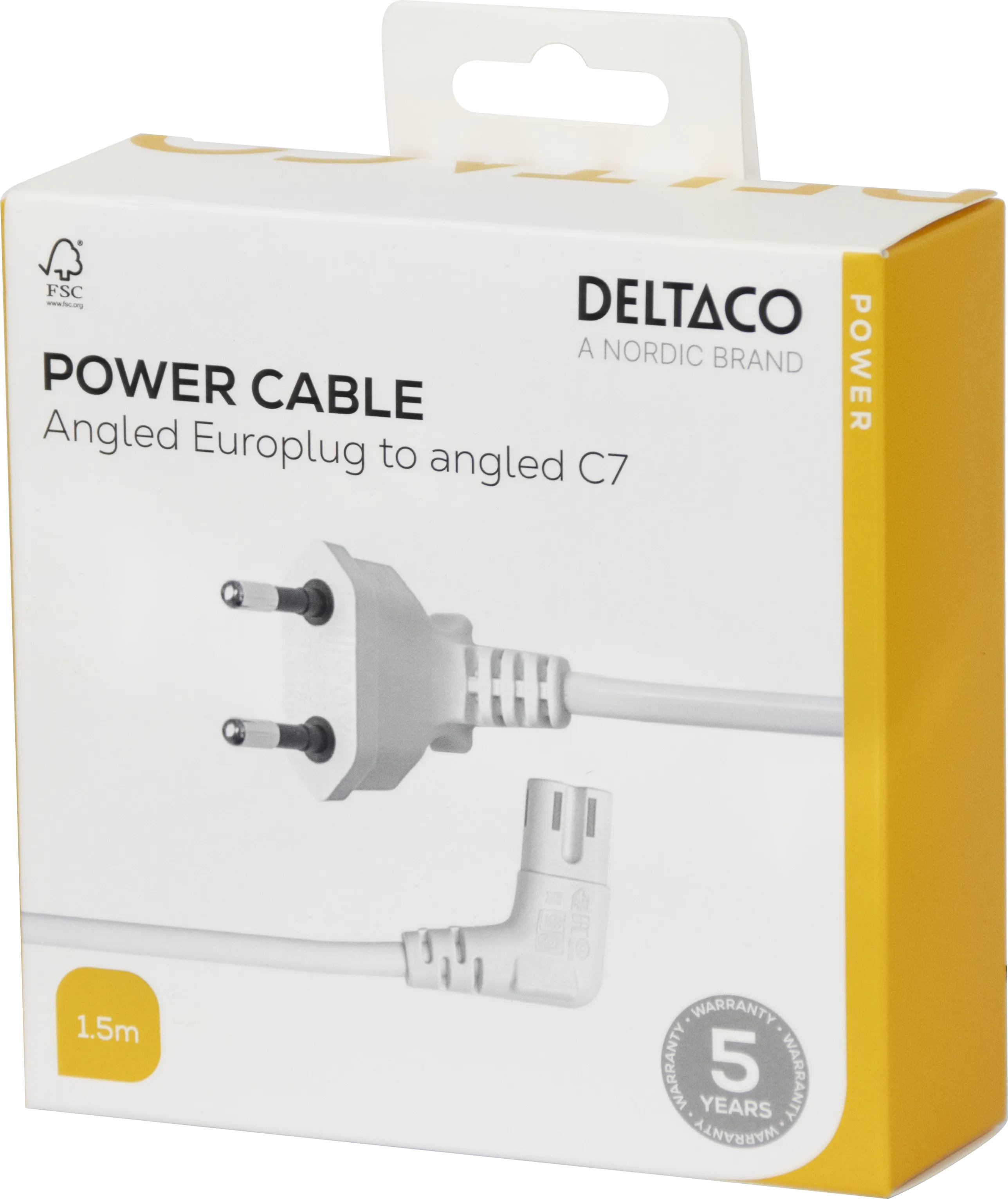 Deltaco CEE 7/16 - C7 angled - power cord, White, 1.5m