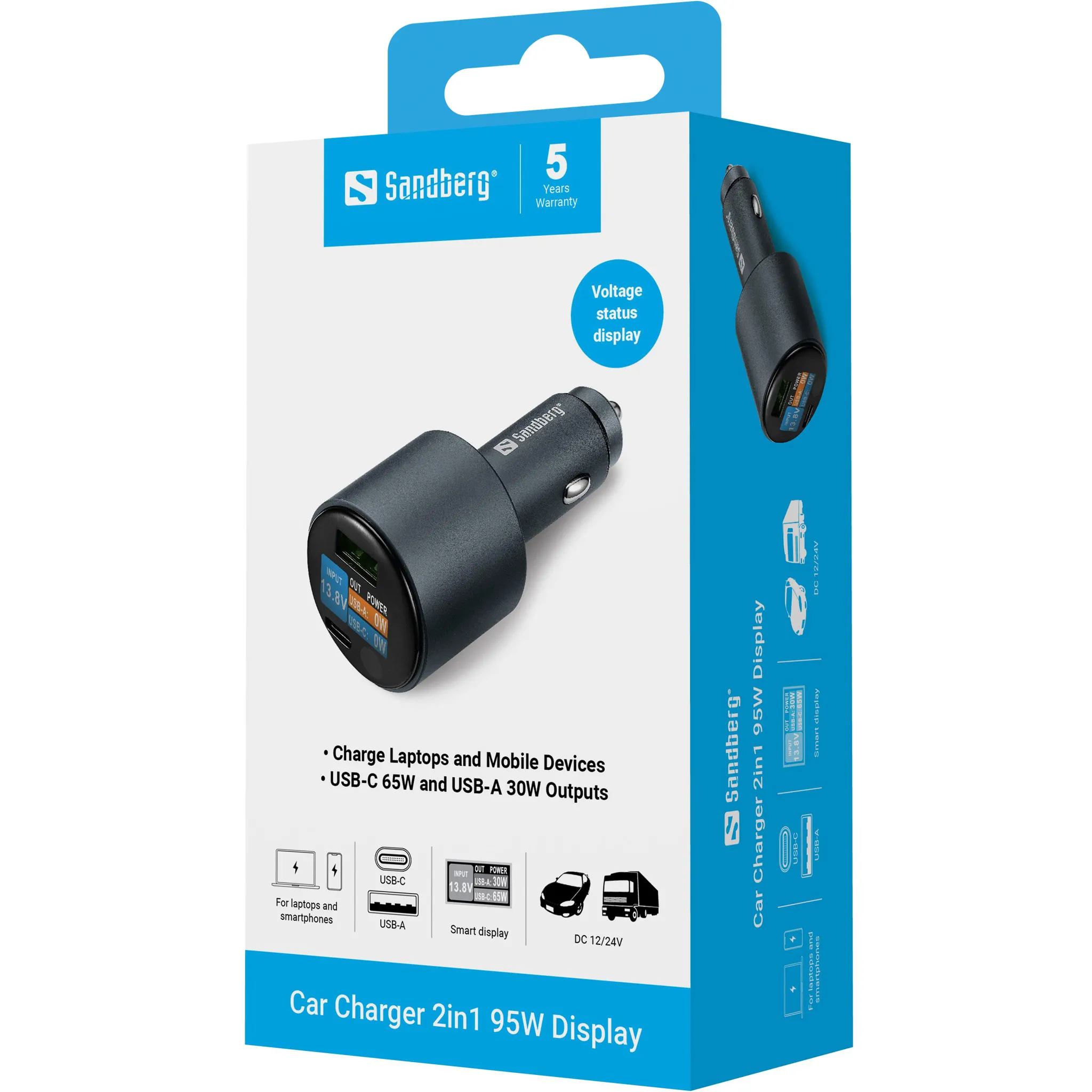 Sandberg Car Charger 2in1 95W Display, 1 x USB-C, 1 x USB-A, 95W, PD 65W - billaddarer