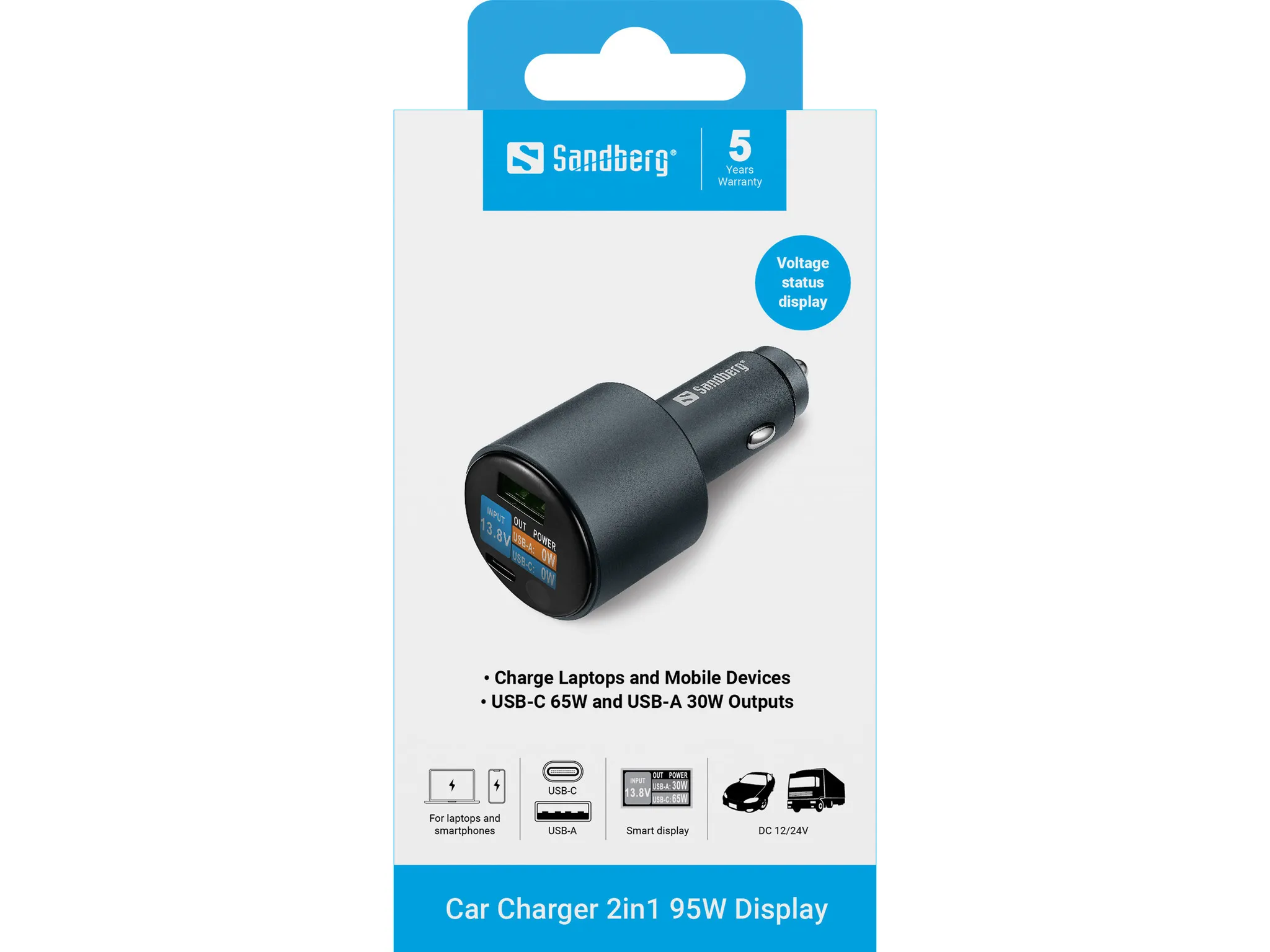 Sandberg Car Charger 2in1 95W Display, 1 x USB-C, 1 x USB-A, 95W, PD 65W - billaddarer