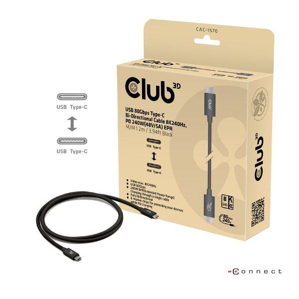 Club 3D USB-C - USB-C USB4 v2 4K540Hz 240W - cable, Black, 1.2m