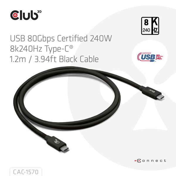 Club 3D USB-C - USB-C USB4 v2 4K540Hz 240W - cable, Black, 1.2m