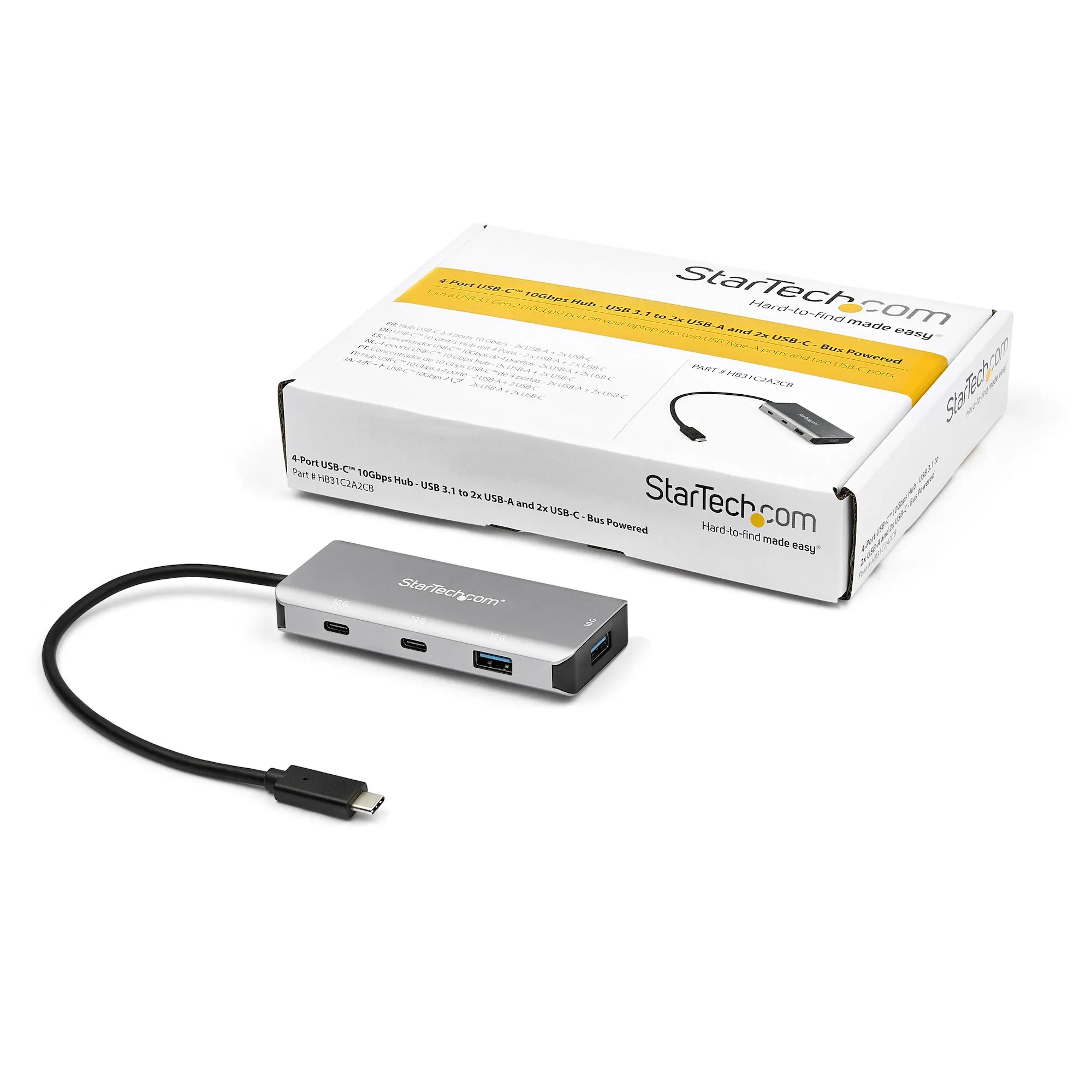 STARTECH.COM 4-Port USB-C Hub 10Gbps with 3x USB-A & 1x USB-C 9.8inch Extended Attached Host Cable HB31C2A2CB