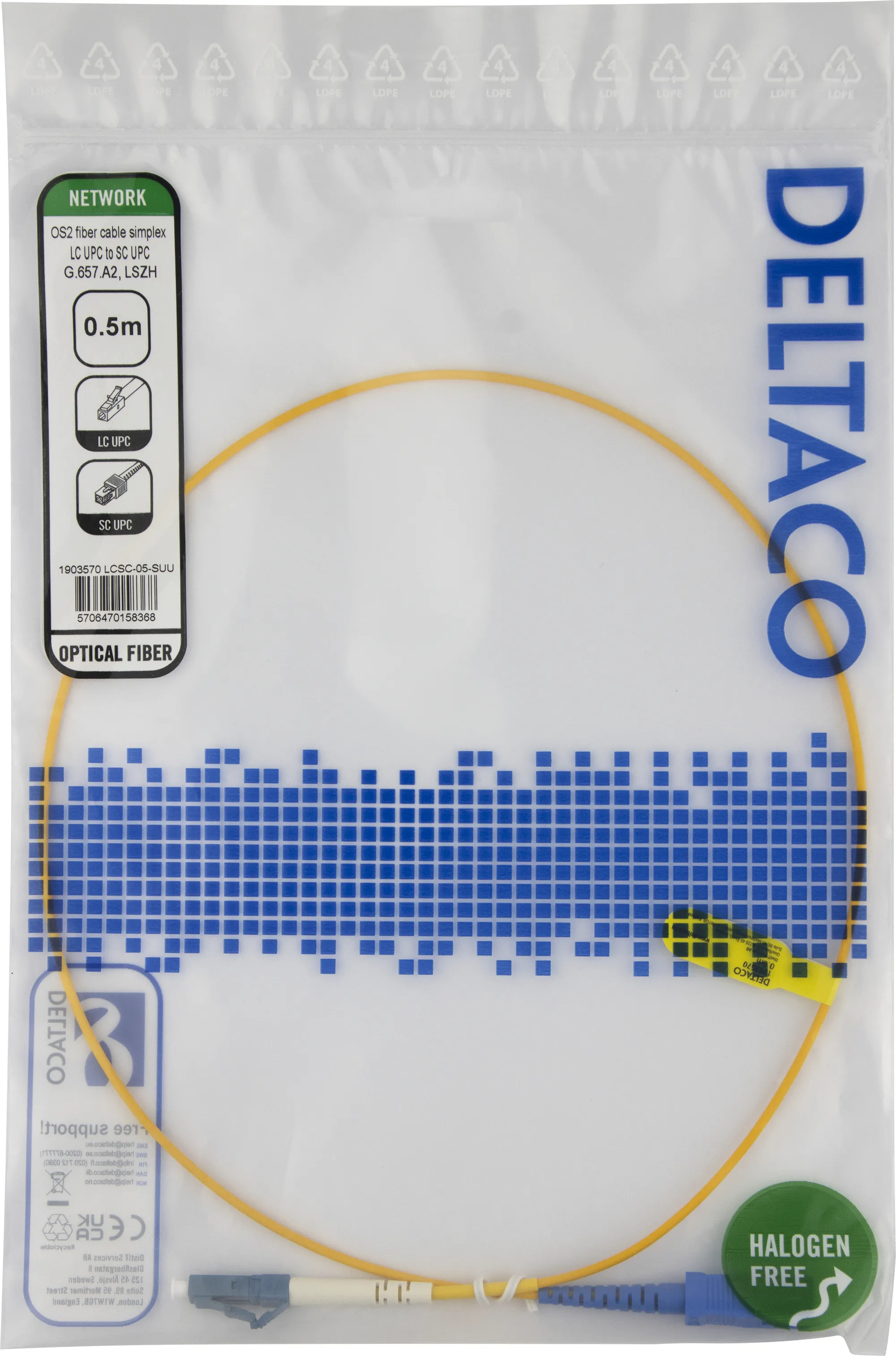 Deltaco OS2 LSZH LC-SC 0.5m Fiber Optic Cable, Yellow
