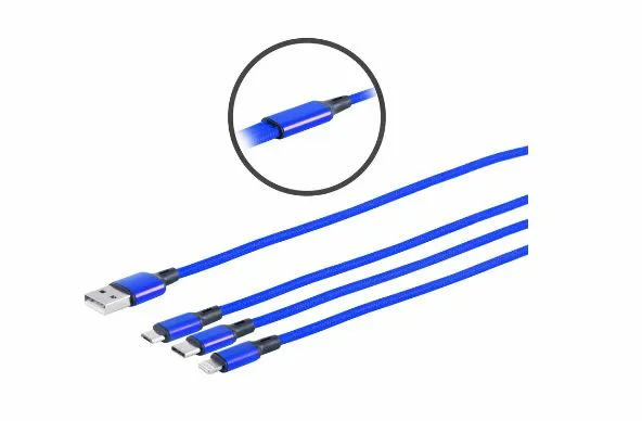 MicroConnect USB-A &ndash; USB-C + Micro-USB-B + Lightning -sovitinkaapeli, 1,2 m, sininen