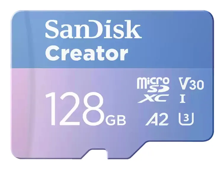 SanDisk Creator 128GB MicroSDXC UHS-I V30 A2 card with SD adapter, Blue