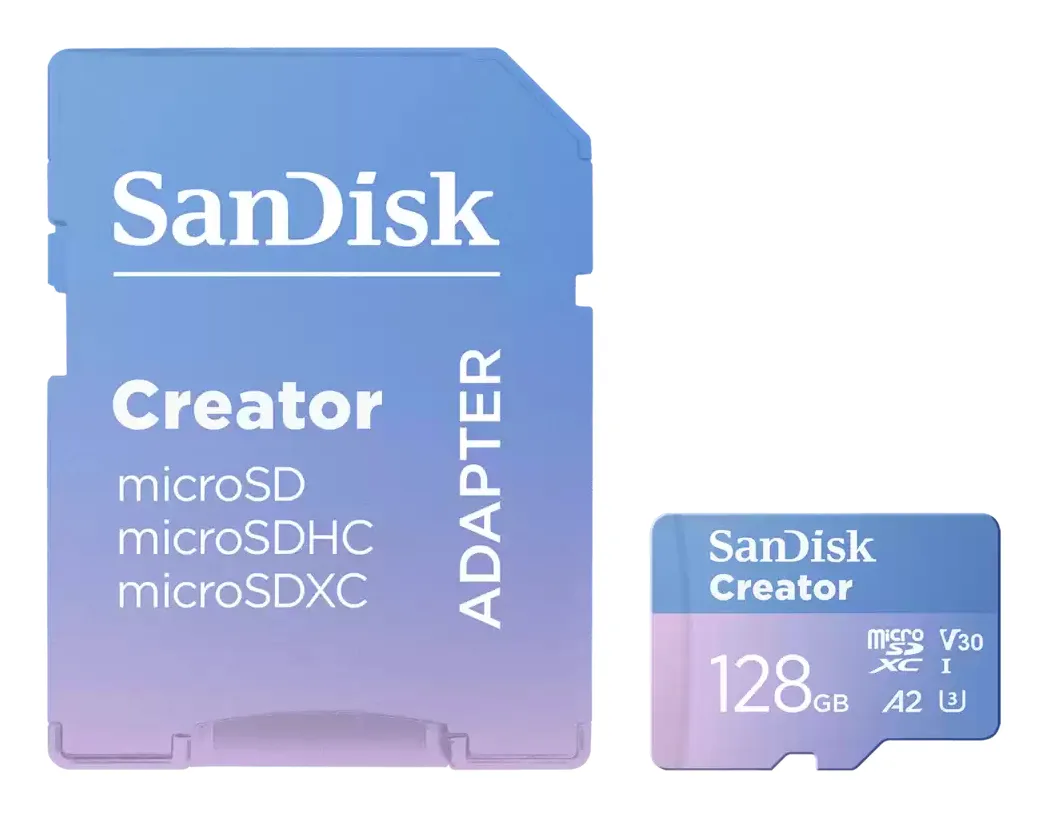 SanDisk Creator 128GB MicroSDXC UHS-I V30 A2 card with SD adapter, Blue