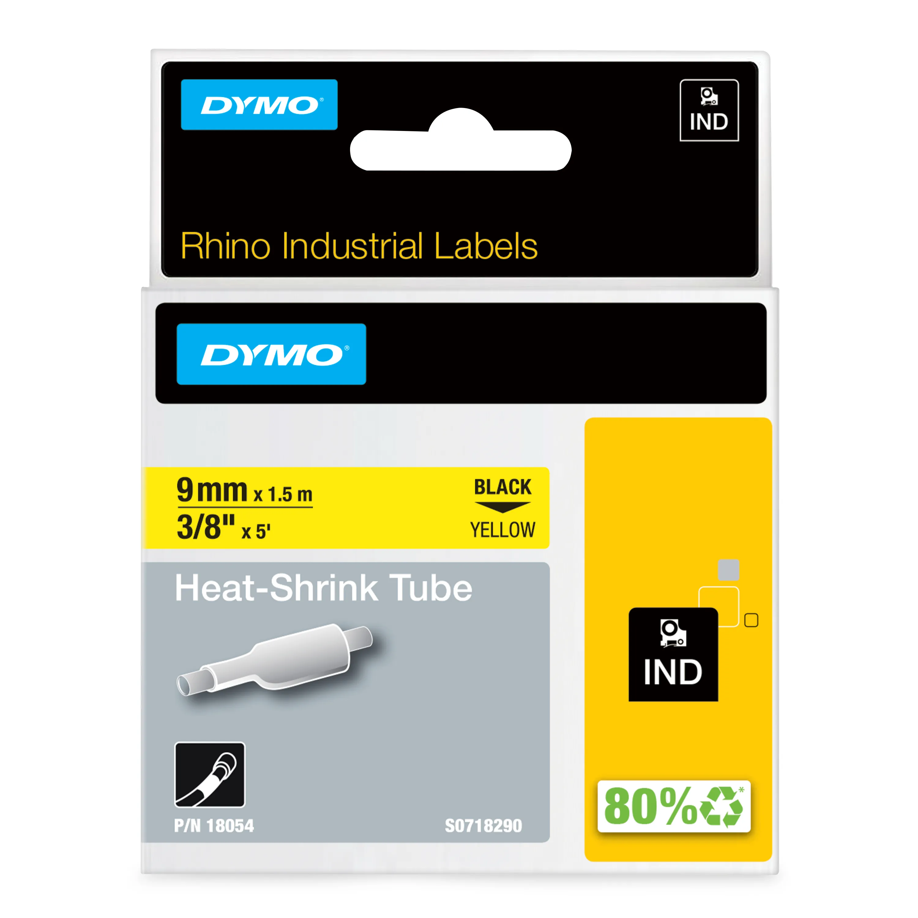 DYMO RhinoPRO m&auml;rkbar krympslang 9mm, svart p&aring; gult, 1.5m rulle