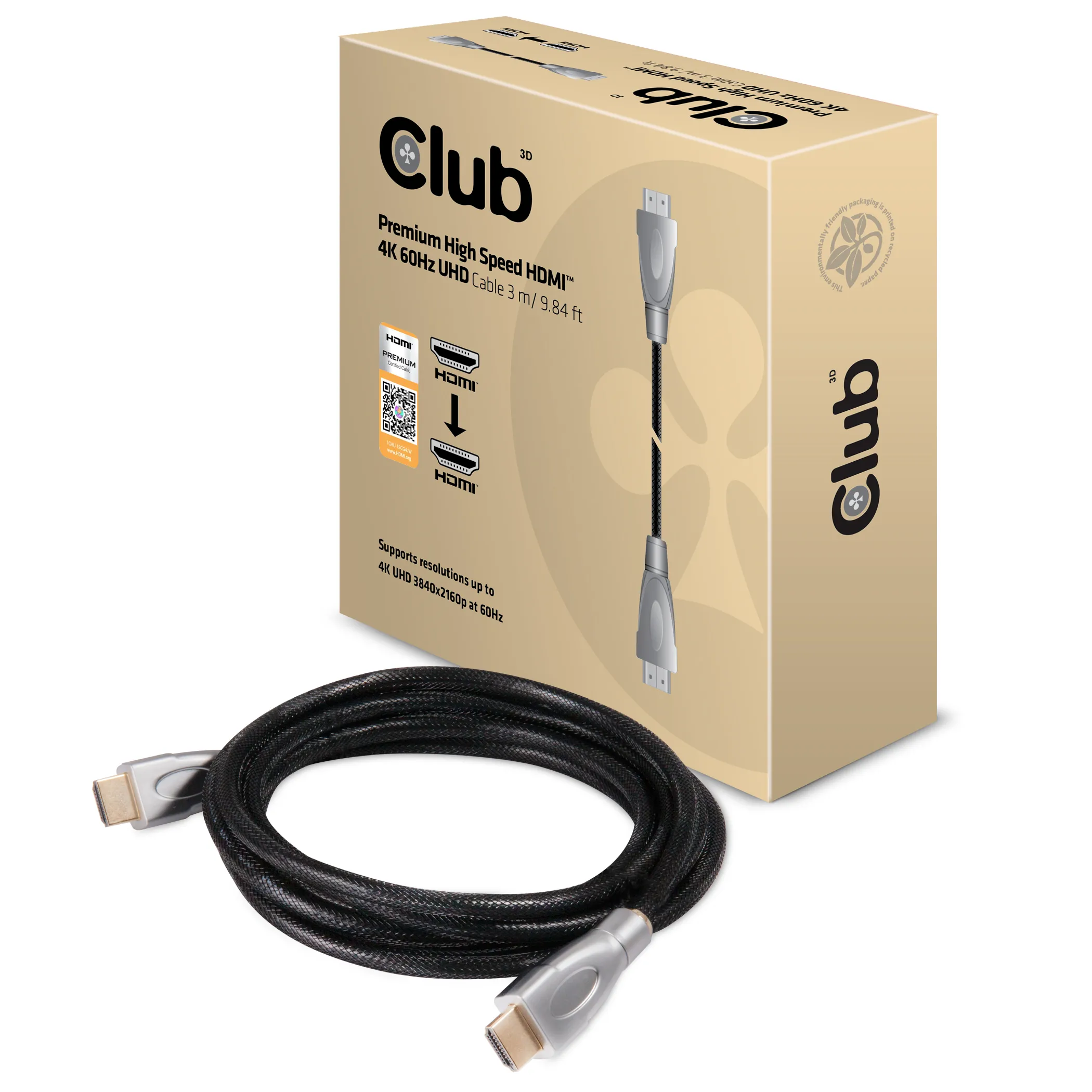 Club 3D HDMI &ndash; HDMI 2.0 2.0 - kabel, 3 m, Svart/Silver