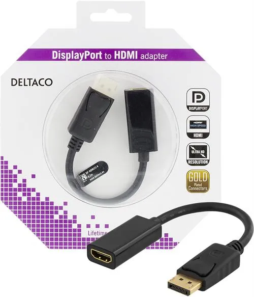 DELTACO Displayport - HDMI sovitin, 4K, audio, 0,2, musta