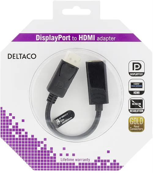 DELTACO Displayport - HDMI sovitin, 4K, audio, 0,2, musta