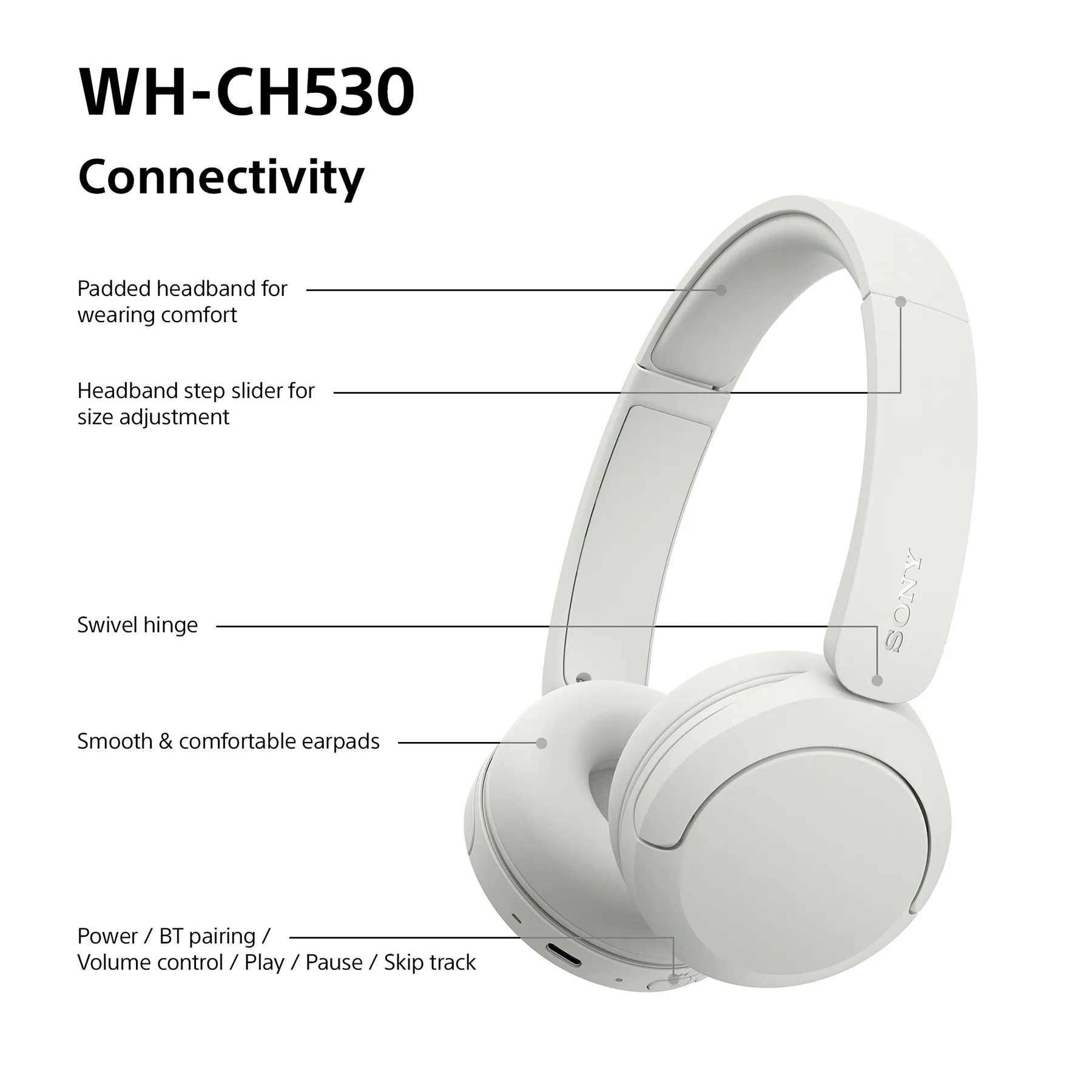 Sony WH-CH530 -langattomat kuulokkeet, valkoinen