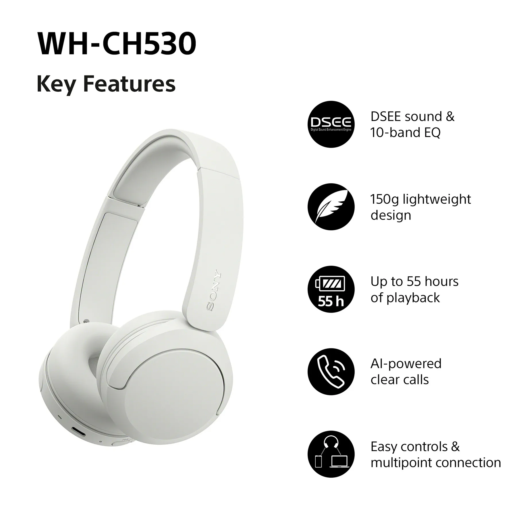 Sony WH-CH530 -langattomat kuulokkeet, valkoinen