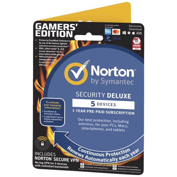 SYMANTEC NORTON SECURITY DELUXE 3.0 WIFI PRIVACY 1.0 1 USER 5 DEVICES GAMER EDITION (ND)