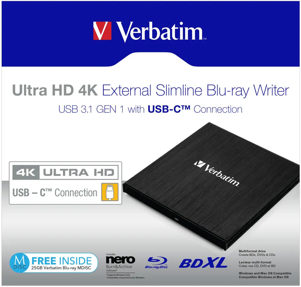 External Ultra HD 4K Slimline Blu-ray Writer USB 3.1, USB-C