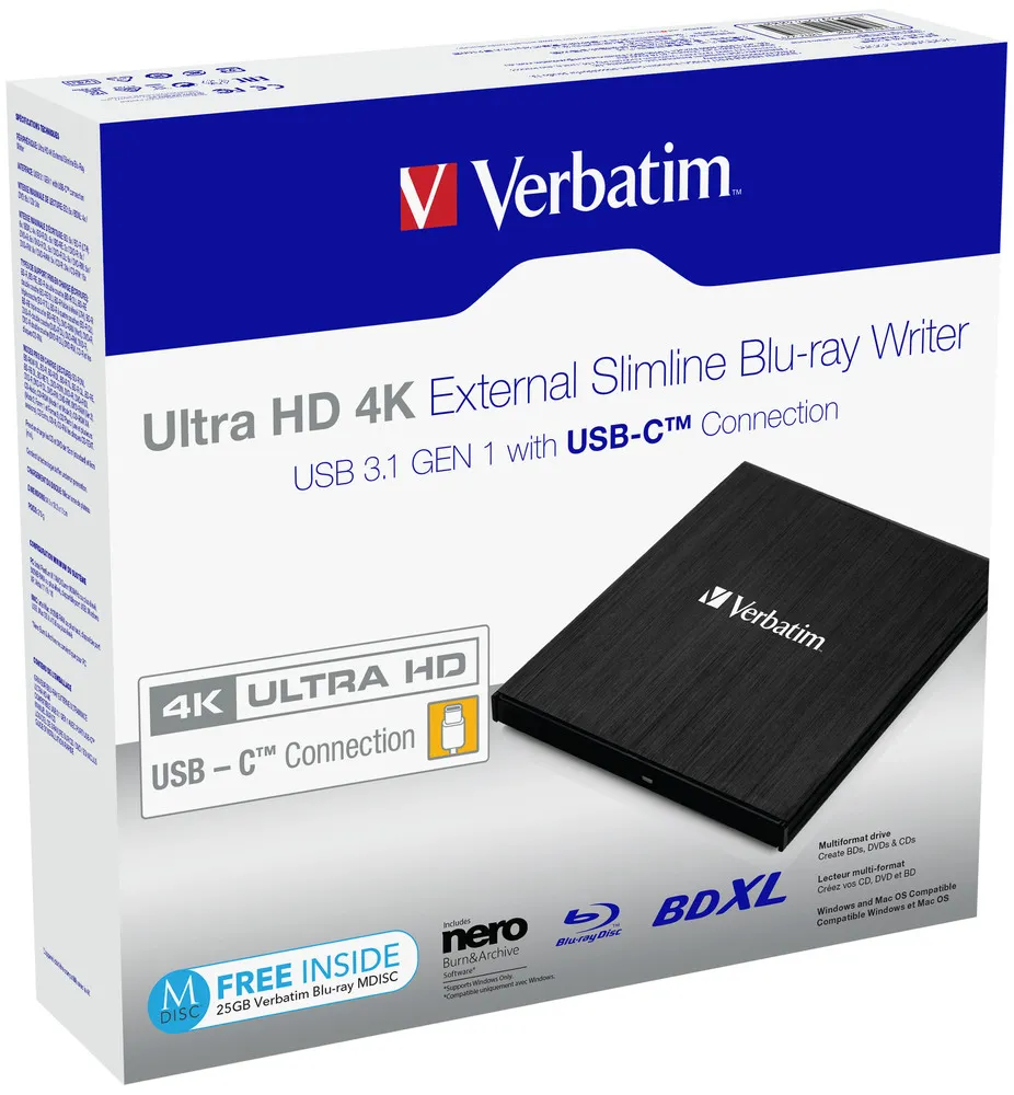 External Ultra HD 4K Slimline Blu-ray Writer USB 3.1, USB-C