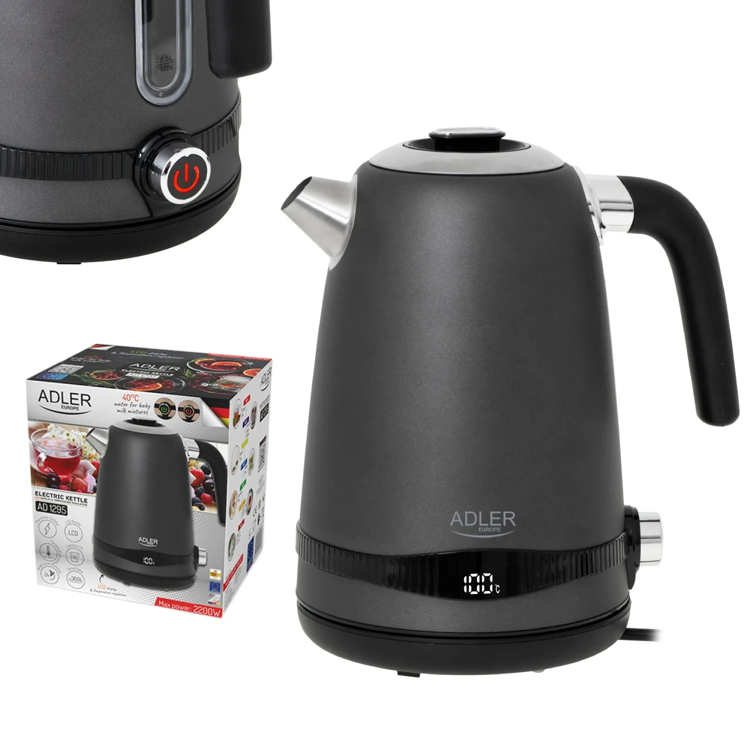 Adler AD 1295g kettle, 1.7L, 2200W, Satin grey