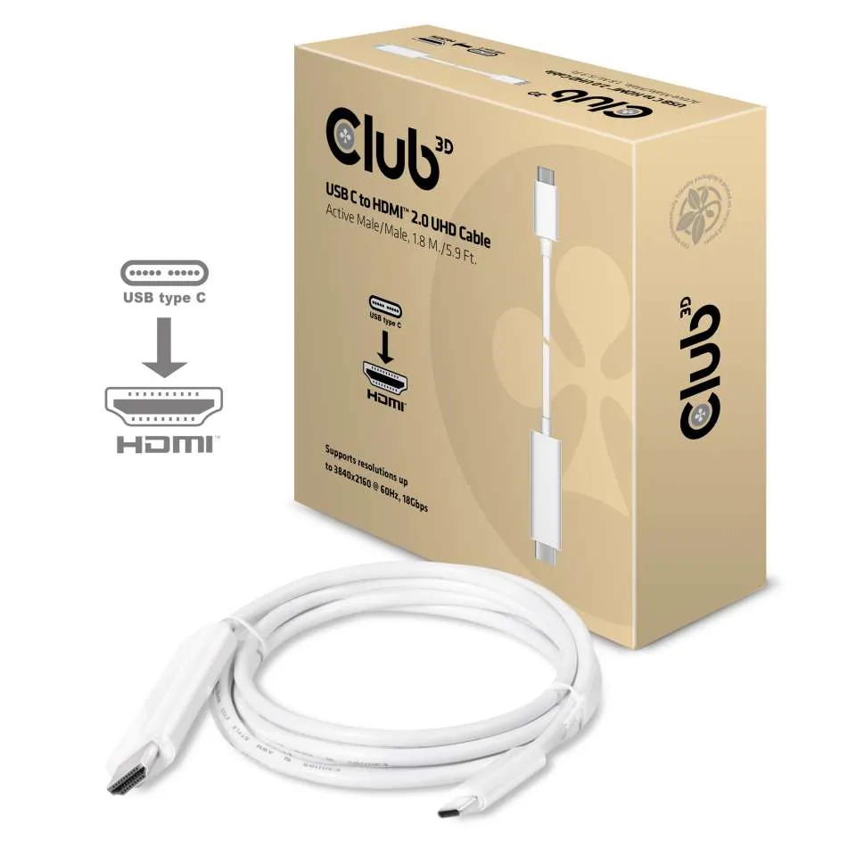 Club 3D 3.1 USB-C - 2.0 HDMI active - cable, White, 1.8m