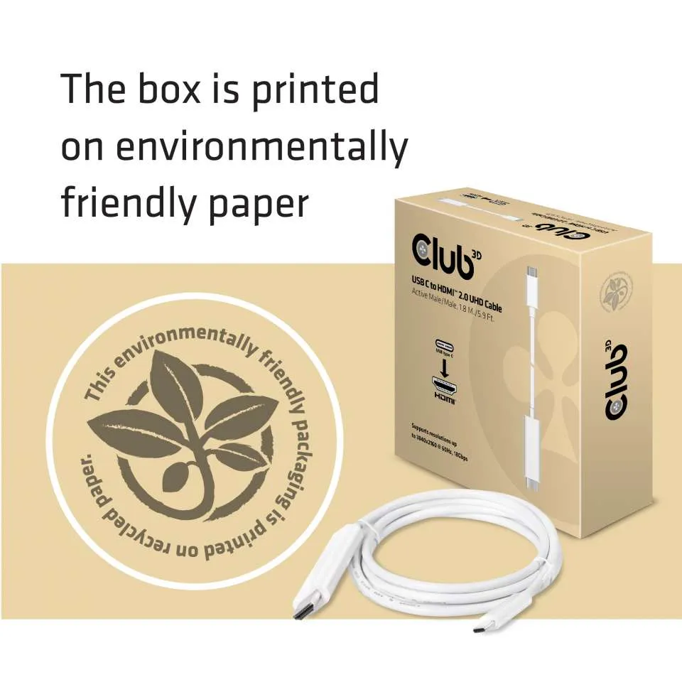 Club 3D 3.1 USB-C - 2.0 HDMI active - cable, White, 1.8m