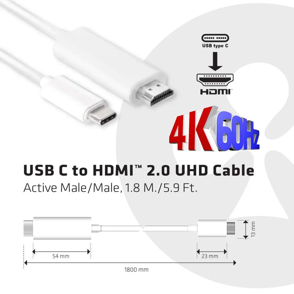 Club 3D 3.1 USB-C - 2.0 HDMI active - cable, White, 1.8m
