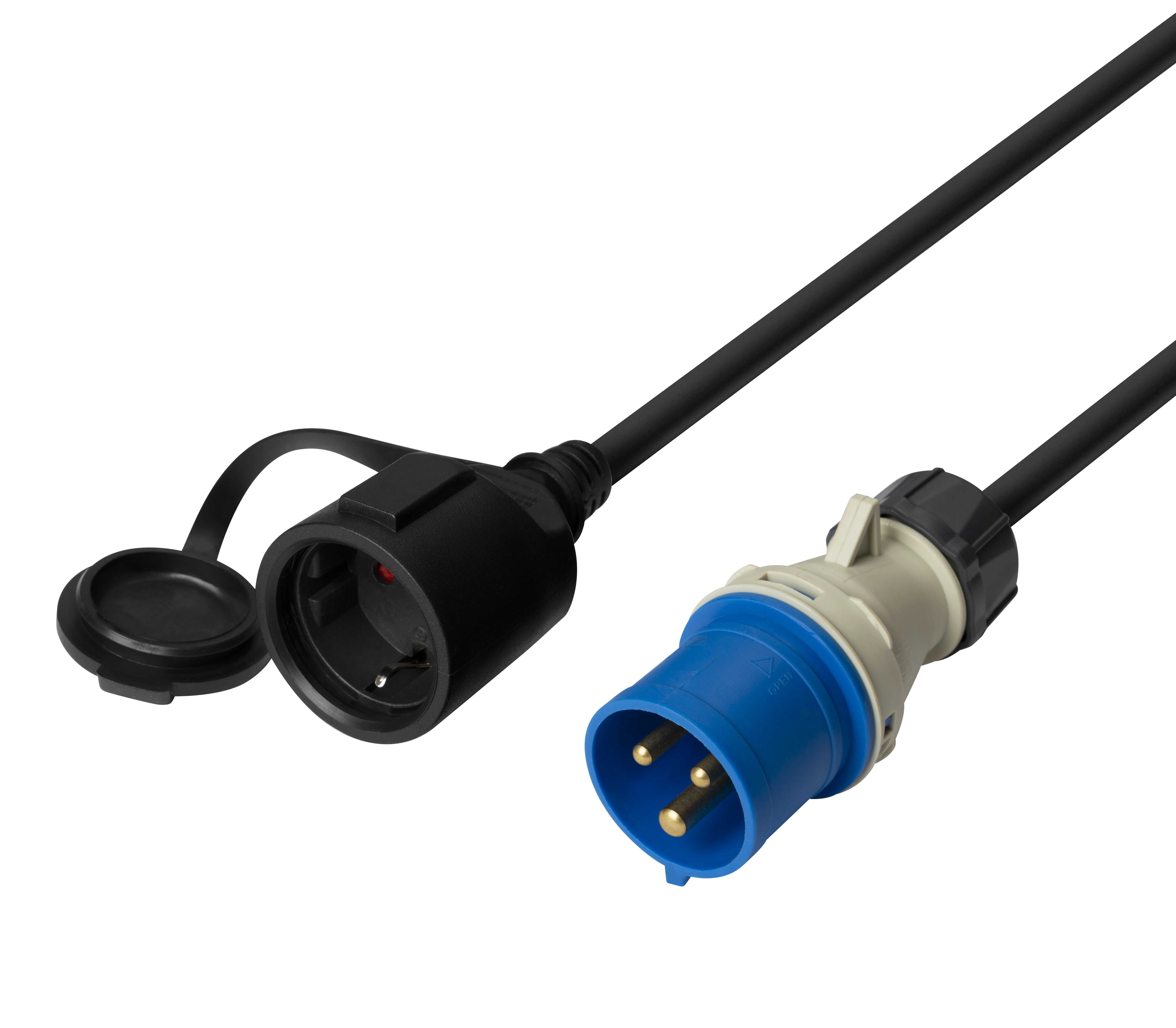 DELTACO CEE plug 1-phase 16A - Schuko 7/3 socket, 1m, black