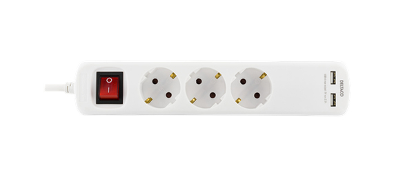 Deltaco GT-161 2xUSB, 3 outlets Power Strip, 1.5m, White