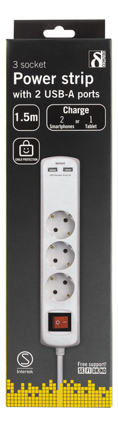 Deltaco GT-161 2xUSB, 3 outlets Power Strip, 1.5m, White