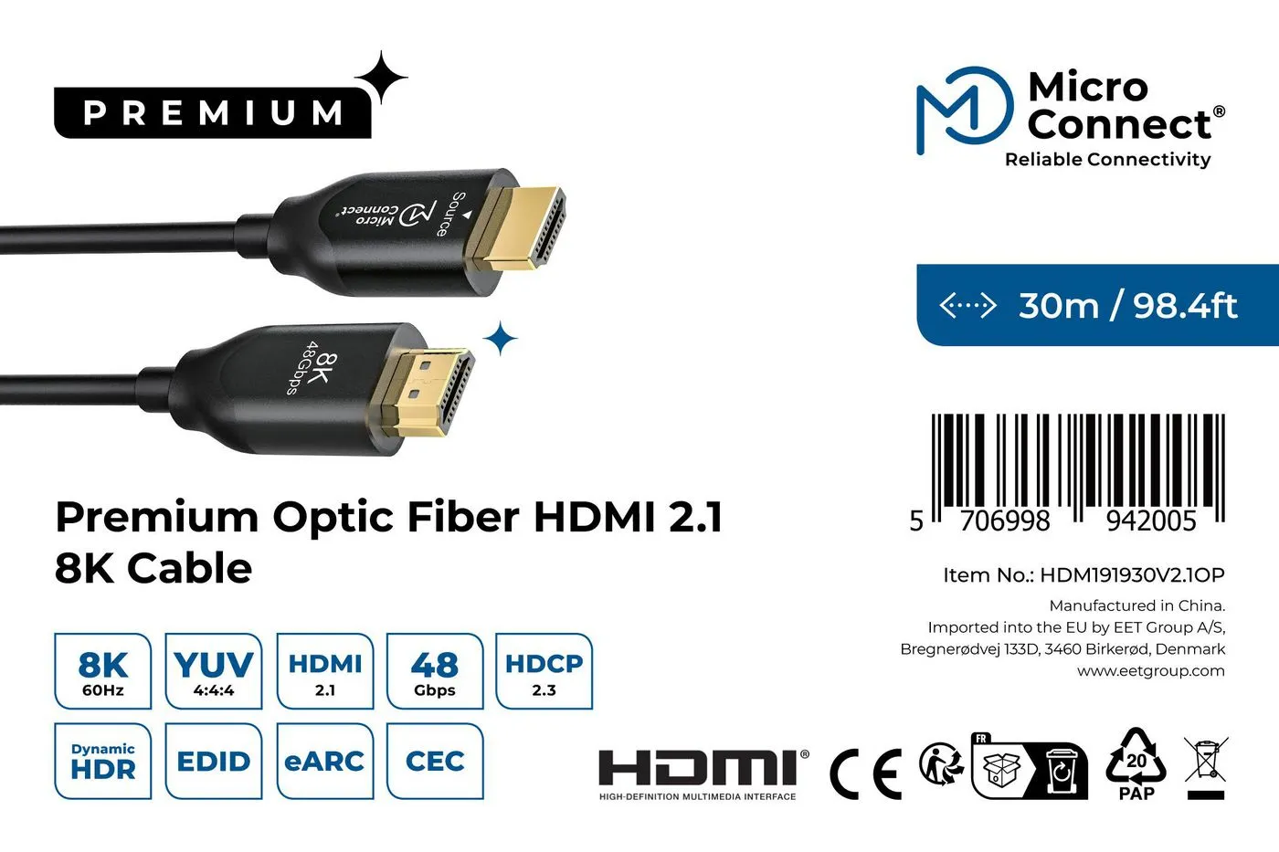 MicroConnect Premium Ultra High Speed Active Optic HDMI 2.1 cable, 8K, with Ethernet, 30 m, Black