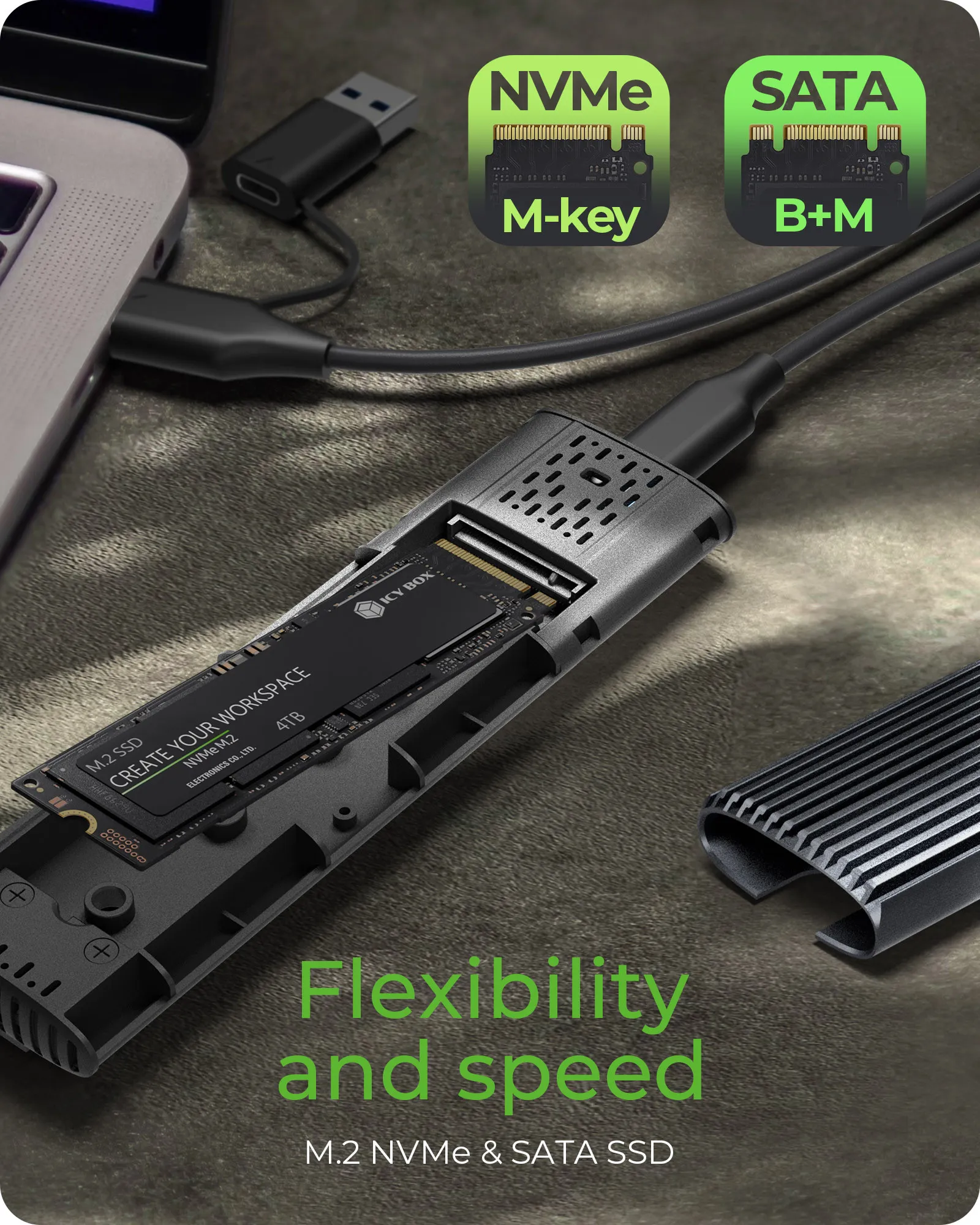 ICY BOX IB-1808MCT-CU31 M.2 NVMe & SATA SSD -kotelo, USB-C, USB 3.2 Gen 2, ty&ouml;kaluton, musta