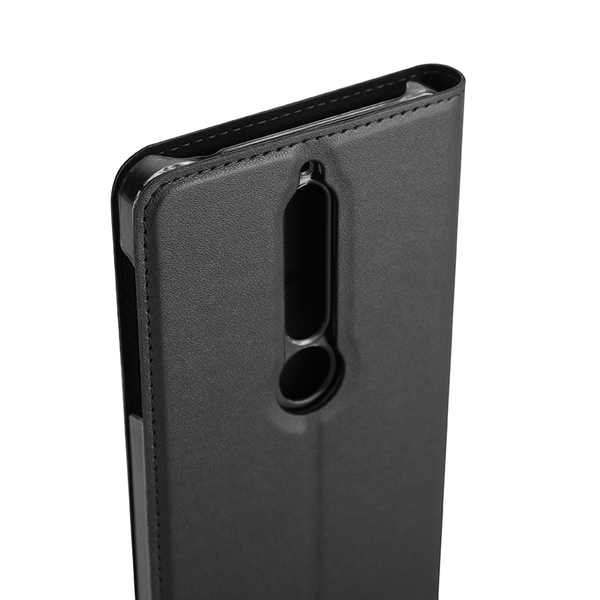 WAVE Book case kotelo RFID -suojauksella. Metalli-musta t&auml;sm&auml;istuva kotelo Nokia 6 2018. Kelkka l&auml;pin&auml;kyv&auml;. Kirjamalli. Paikat my&ouml;s maksukorteille. Materiaali l