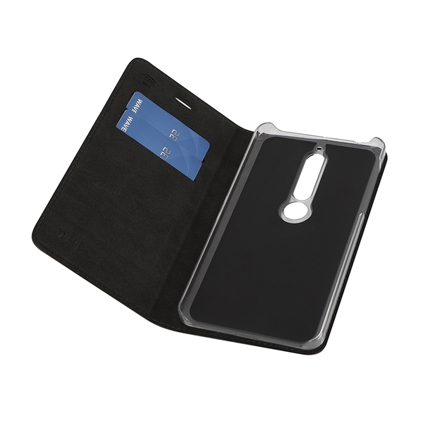 WAVE Book case kotelo RFID -suojauksella. Metalli-musta t&auml;sm&auml;istuva kotelo Nokia 6 2018. Kelkka l&auml;pin&auml;kyv&auml;. Kirjamalli. Paikat my&ouml;s maksukorteille. Materiaali l