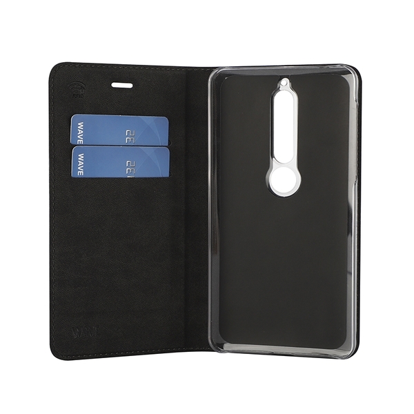 WAVE Book case kotelo RFID -suojauksella. Metalli-musta t&auml;sm&auml;istuva kotelo Nokia 6 2018. Kelkka l&auml;pin&auml;kyv&auml;. Kirjamalli. Paikat my&ouml;s maksukorteille. Materiaali l