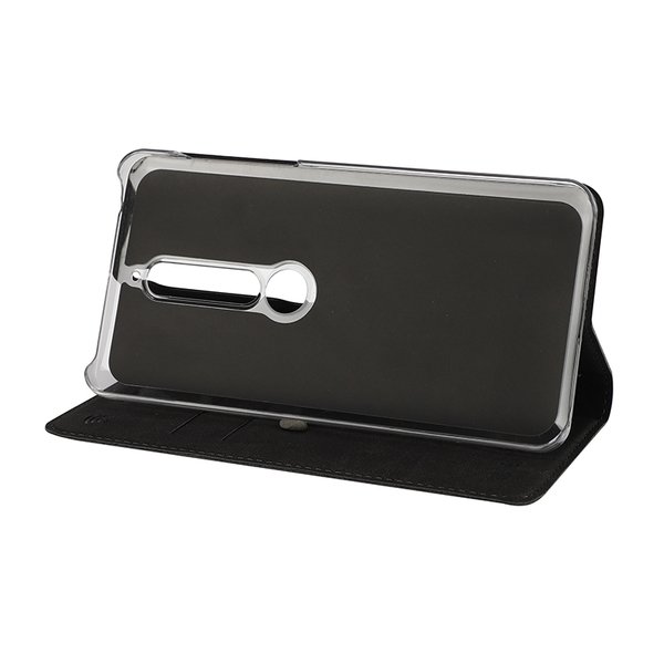 WAVE Book case kotelo RFID -suojauksella. Metalli-musta t&auml;sm&auml;istuva kotelo Nokia 6 2018. Kelkka l&auml;pin&auml;kyv&auml;. Kirjamalli. Paikat my&ouml;s maksukorteille. Materiaali l