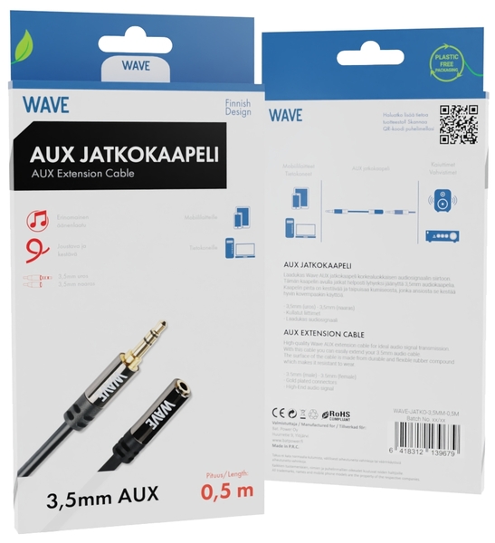Wave 3,5mm jatkojohto kullatuilla liittimill&auml;, 0,5m, Musta